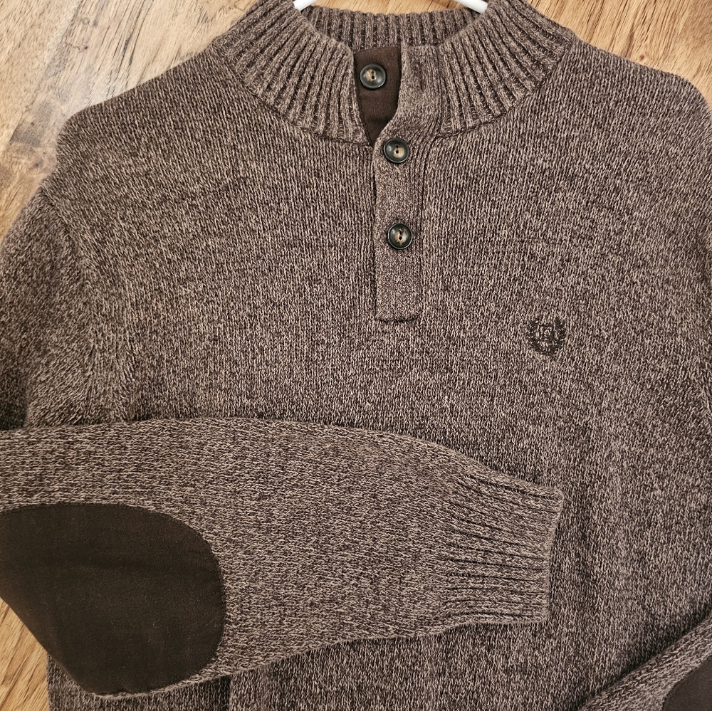 Chaps Large Brown Button Up Neck Long Sleeve Sweater with Elbow Patch Men - Picture 2 of 5